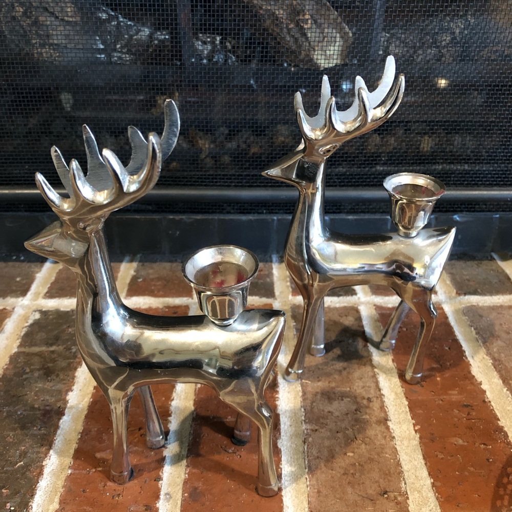 adorable pair of  silver tone reindeer candlestick holders 8.25” tall each